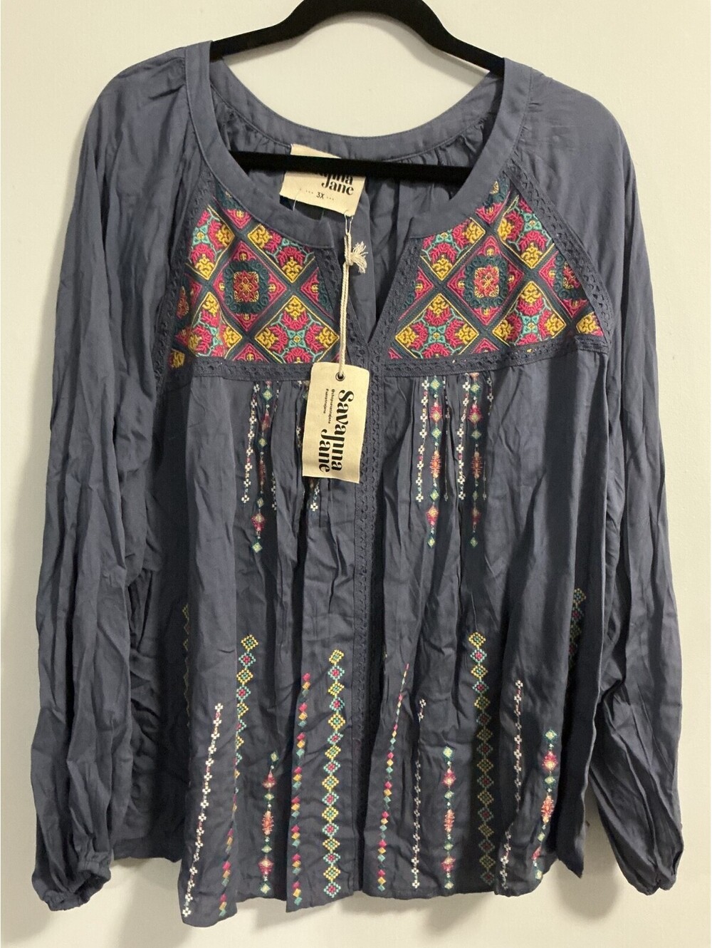 Savannah Jane Womens Plus Size 3X 2X Blue Grey Embroidered Peasant Blouse #413